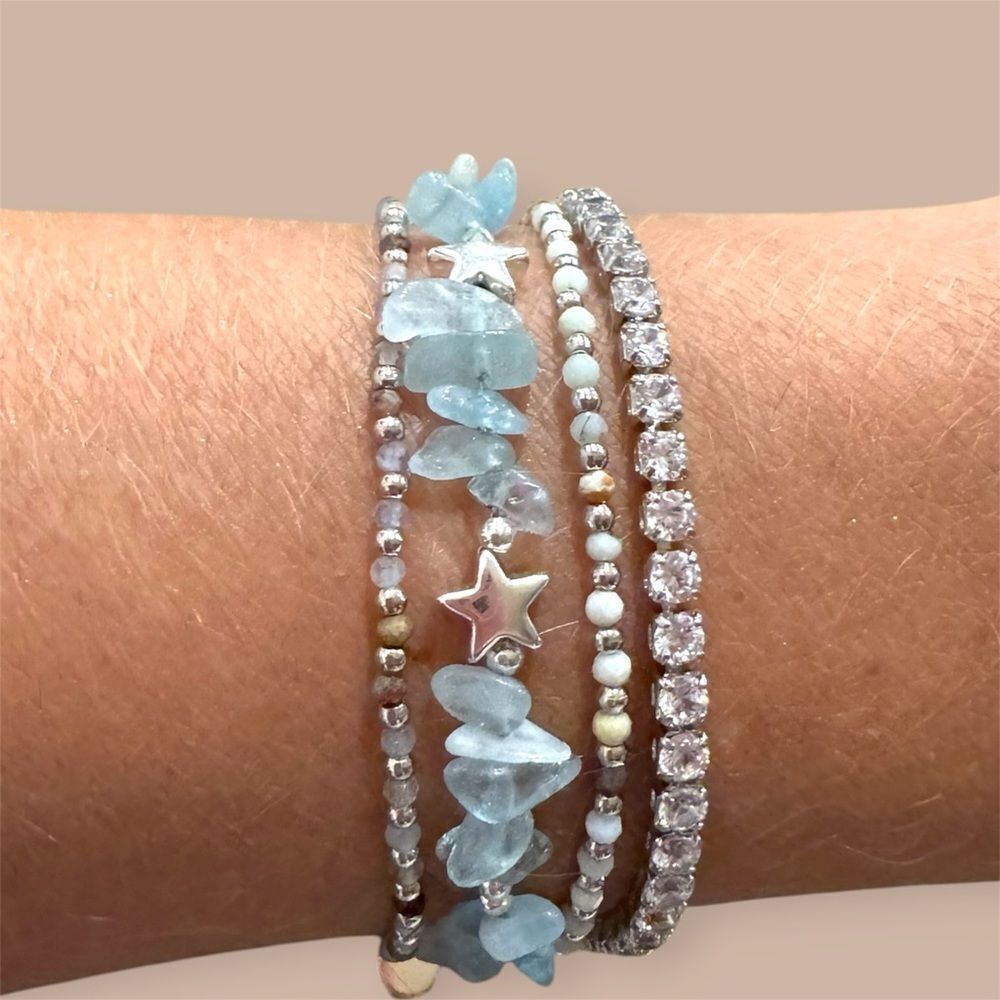 Chic Aquamarine And Silver Star Bracelet Collection And Tennis Bracelet